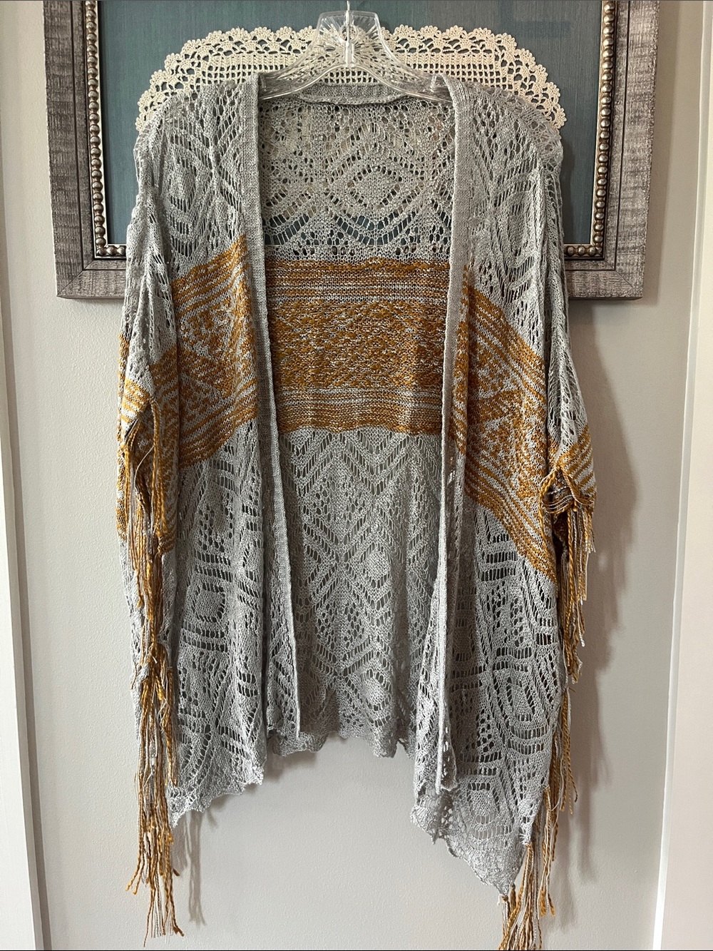 Light Gray Open-Front Fringe Knit Poncho with Mustard Accent